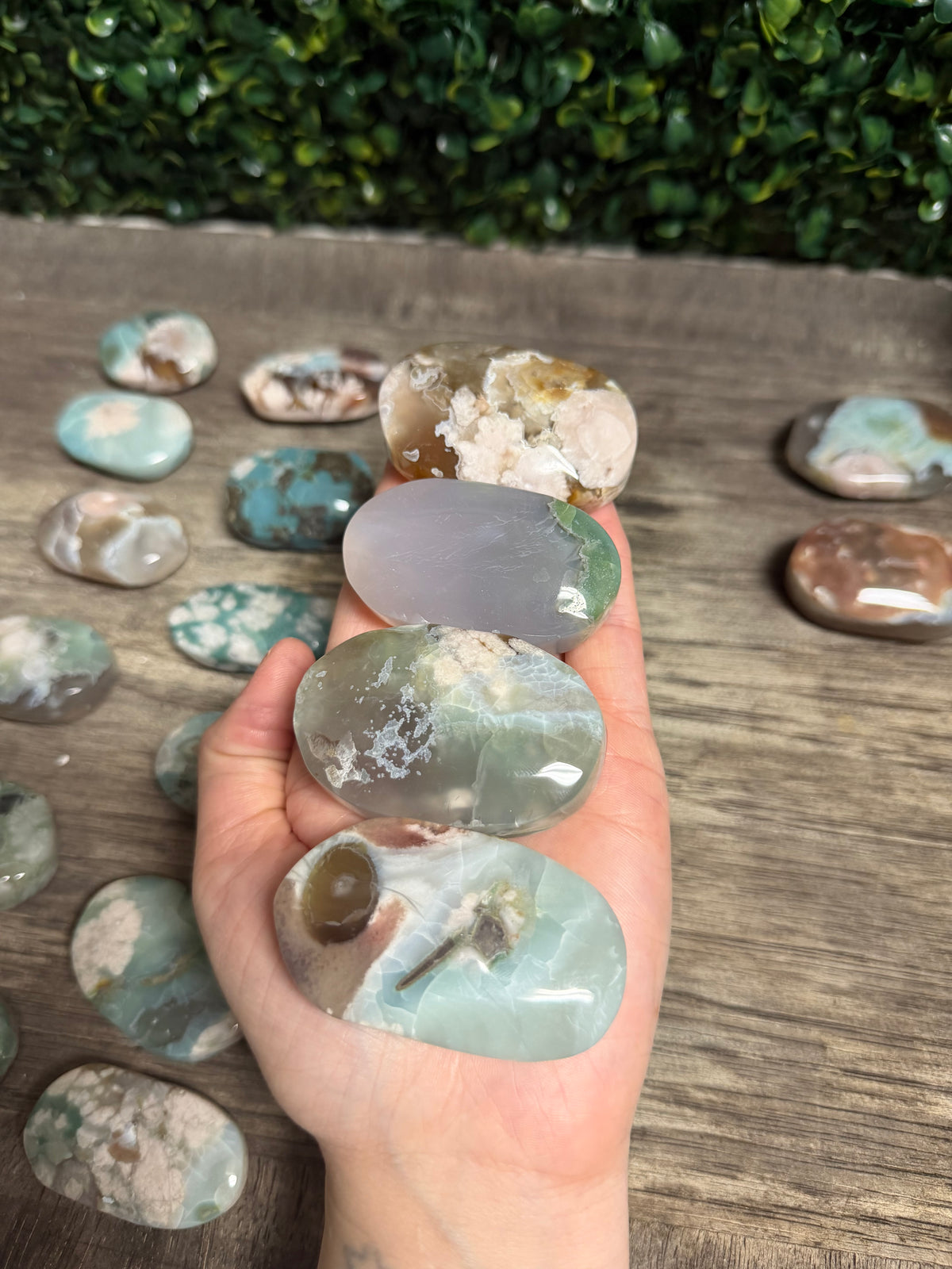 Green Flower Agate Palm Stone Bundle