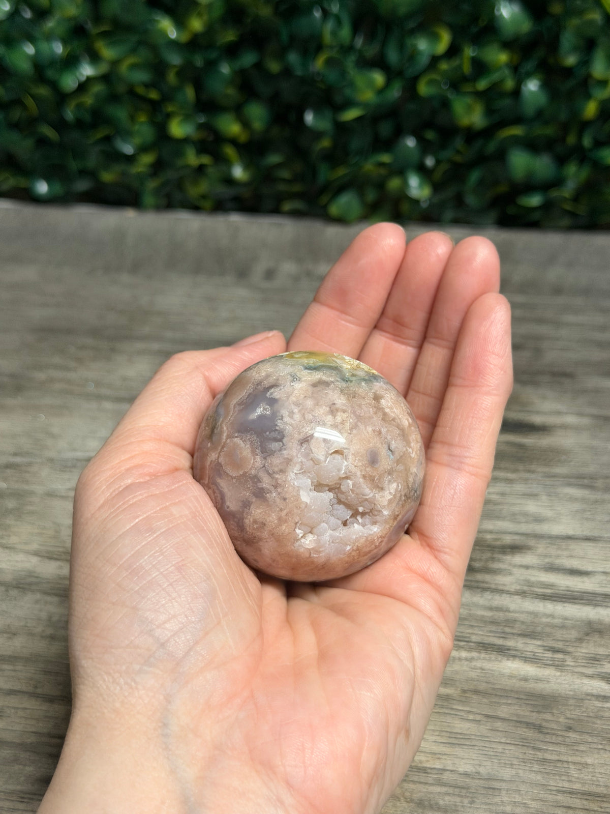 Pink Amethyst Flower Agate Sphere With Druzy Pocket