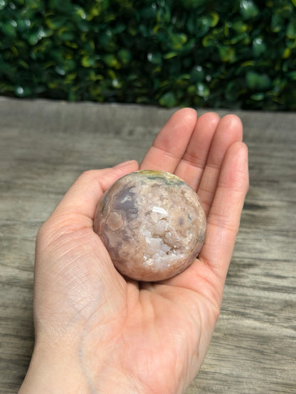 Pink Amethyst Flower Agate Sphere With Druzy Pocket