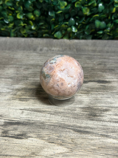 Pink Amethyst Flower Agate Sphere With Druzy Pocket