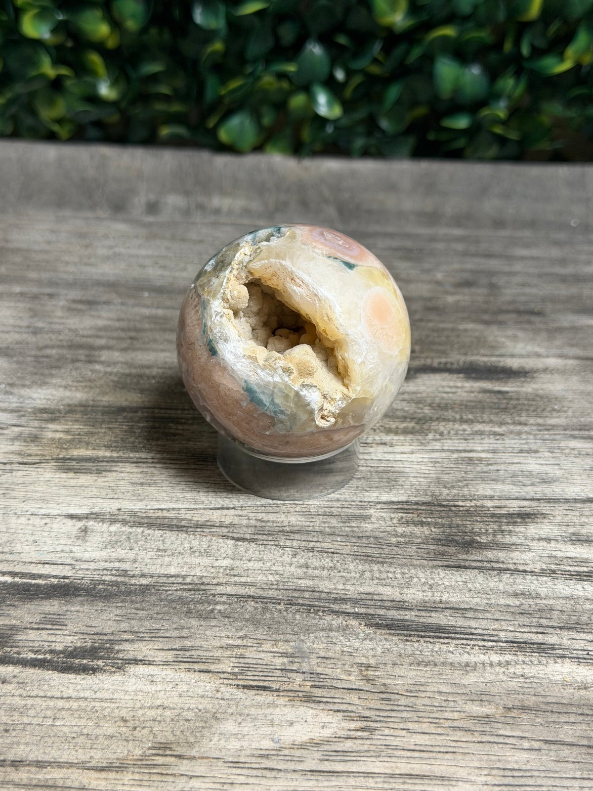 Pink Amethyst Flower Agate Sphere With Druzy Pocket
