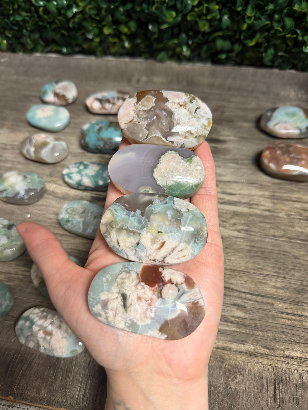 Green Flower Agate Palm Stone Bundle