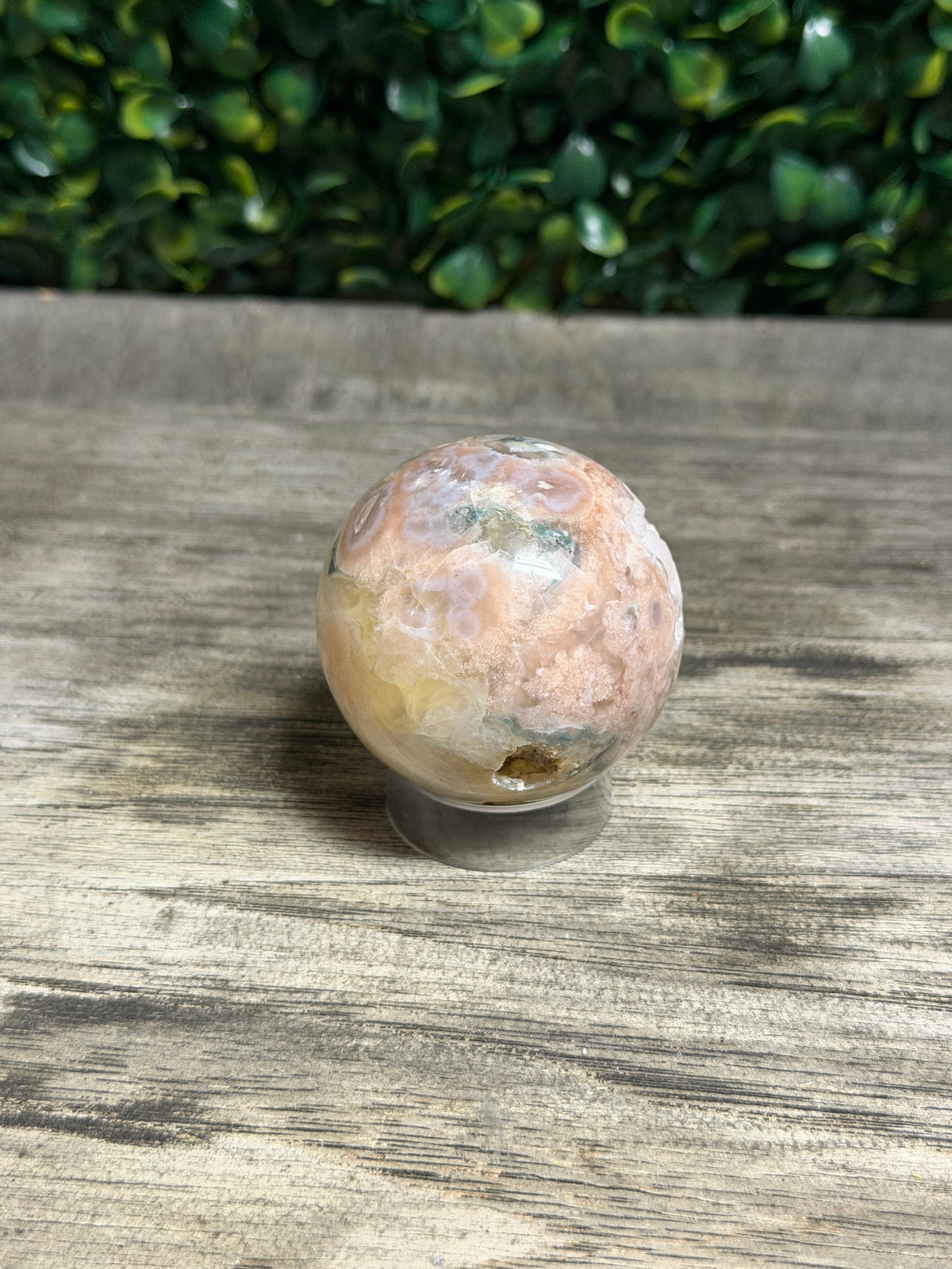 Pink Amethyst Flower Agate Sphere With Druzy Pocket