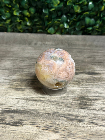 Pink Amethyst Flower Agate Sphere With Druzy Pocket
